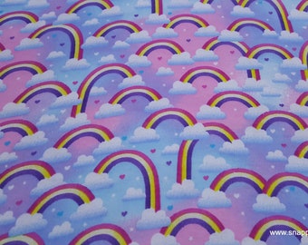 Flannel Fabric - Clouds and Rainbows on Pink Purple - By the yard - 100% Cotton Flannel