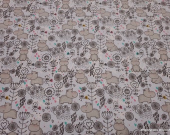 Flannel Fabric - Sweet Hippos on Light Blue - By the Yard - 100% Cotton Flannel