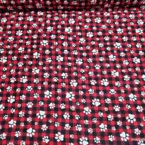 Flannel Fabric - Paws on Red Check - By the yard - 100% Cotton Flannel