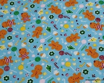 Christmas Flannel Fabric - Gingerbread on Blue - By the yard - 100% Cotton Flannel