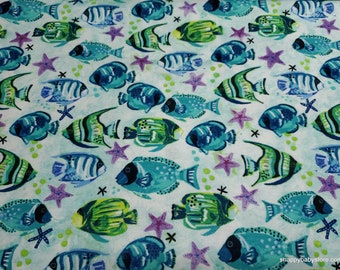 Flannel Fabric - Bright Ocean Fish - By the yard - 100% Cotton Flannel