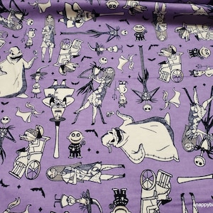 May include: Purple fabric with a repeating pattern of black and white characters from the Nightmare Before Christmas. The characters include Jack Skellington, Sally, Oogie Boogie, and Zero.
