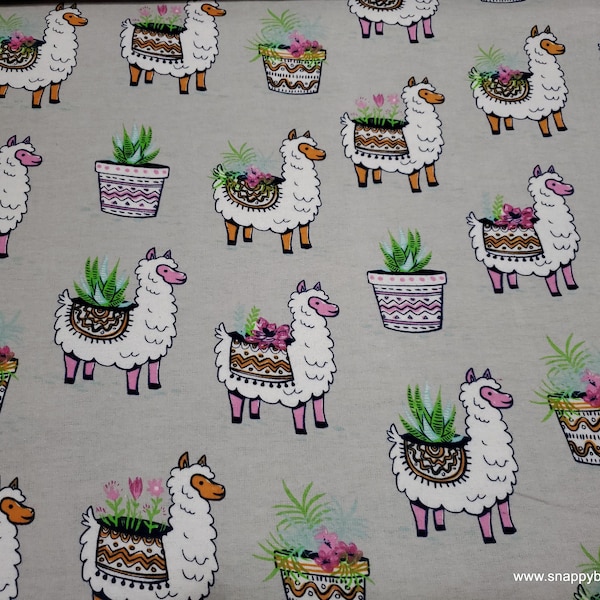 Flannel Fabric - Llama Planters on Gray - By the yard - 100% Cotton Flannel