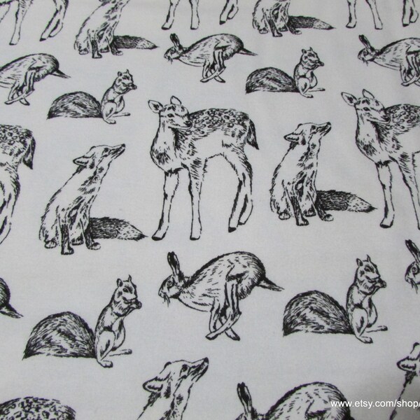 Flannel Fabric - Black and White Woodland Animals - By the yard - 100% Cotton Flannel