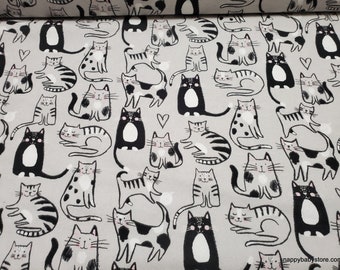 Flannel Fabric - Sketched Kitty on Gray - By the yard - 100% Cotton Flannel