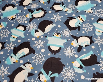 Christmas Flannel Fabric - Happy Penguins Blue - By the yard - 100% Cotton Flannel