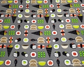 Flannel Fabric - Sushi Faces on Gray - By the yard - 100% Cotton Flannel