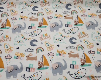 Flannel Fabric - Hello World New Baby on White - By the yard - 100% Cotton Flannel