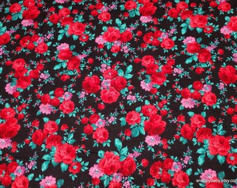 Flannel Fabric - Ditsy Traditional Rose on Black - By the yard - 100% Cotton Flannel