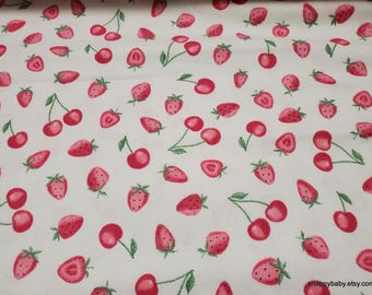 Remnant Flannel Fabric - Tossed Fruit Strawberries Cherries on White - Choose your Size - 100% Cotton Flannel