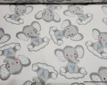 Flannel Fabric - Sleepy Elephants on Clouds - By the yard - 100% Cotton Flannel