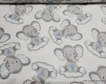 Flannel Fabric - Sleepy Elephants on Clouds - By the yard - 100% Cotton Flannel