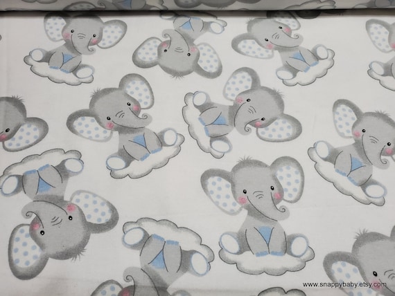 Flannel Fabric - Sleepy Elephants on Clouds - By the yard - 100% Cotton Flannel