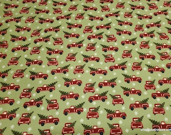 Christmas Premium Flannel Fabric - Jingle Bell Red Truck Green Premium - By the yard - 100% Premium Cotton Flannel
