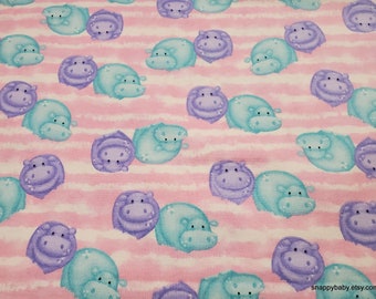 Flannel Fabric - Hippos on Pink Stripes - By the Yard - 100% Cotton Flannel
