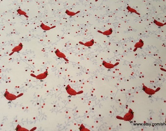 Christmas Flannel Fabric - Cardinals on Vines Cream - By the yard - 100% Cotton Flannel