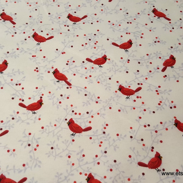 Christmas Flannel Fabric - Cardinals on Vines Cream - By the yard - 100% Cotton Flannel