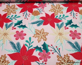 Christmas Flannel Fabric - Christmas Multi Poinsettia on PInk - By the yard - 100% Cotton Flannel