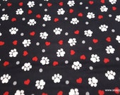 Flannel Fabric - Paw Prints and Hearts on Black - By the yard - 100% Cotton Flannel