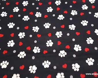 Flannel Fabric - Paw Prints and Hearts on Black - By the yard - 100% Cotton Flannel