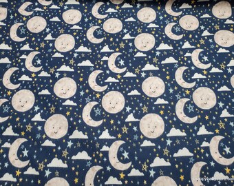 Flannel Fabric - Baby Boy Moon and Stars Navy - By the yard - 100% Cotton Flannel