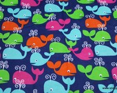 Flannel Fabric - Whales Navy - By the yard - 100% Cotton Flannel