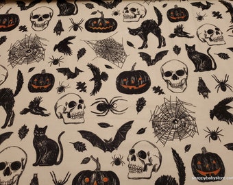 Flannel Fabric - Halloween Tossed Icons  - By the Yard - 100% Cotton Flannel