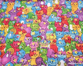 Flannel Fabric - Crazy Cats Multi - By the yard - 100% Cotton Flannel