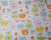 Flannel Fabric - Cat Faces on Light Blue - By the yard - 100% Cotton Flannel