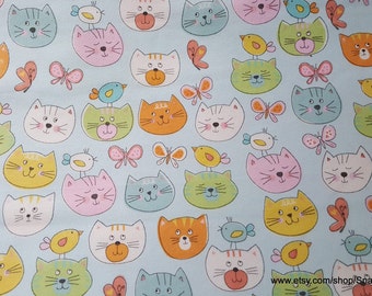 Flannel Fabric - Cat Faces on Light Blue - By the yard - 100% Cotton Flannel