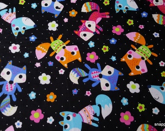 Flannel Fabric - Fox and Flowers on Black - By the Yard - 100% Cotton Flannel