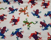 Flannel Fabric - Colorful Frog on White - By the yard - 100% Cotton Flannel