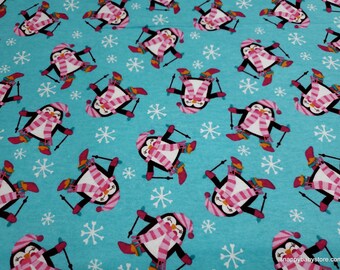 Christmas Flannel Fabric - Penguins Skiing Blue - By the yard - 100% Cotton Flannel