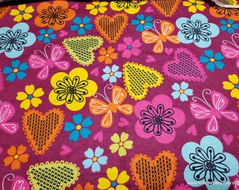 Flannel Fabric - Hearts and Butterflies - By the yard - 100% Cotton Flannel