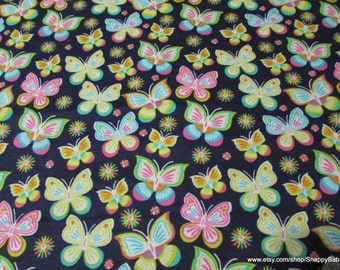 Flannel Fabric - Bright Butterflies on Navy - By the yard - 100% Cotton Flannel