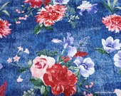 Flannel Fabric - Floral on Denim Print Luxe - By the yard - 70% Rayon, 30 Cotton Luxe Flannel Fabric