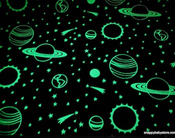 Glow in the Dark Flannel Fabric - Planets Navy Glow - By the yard - 100% Cotton Flannel