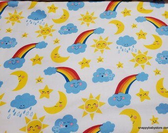 Flannel Fabric - Happy Clouds Rainbows Sun Moon - By the yard - 100% Cotton Flannel