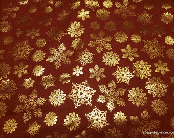 Christmas Flannel Fabric - Snowflake Foil on Burgundy - By the yard - 100% Cotton Flannel