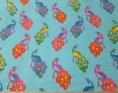 Flannel Fabric - Peacocks on Blue - By the yard - 100% Cotton Flannel