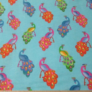 Flannel Fabric - Peacocks on Blue - By the yard - 100% Cotton Flannel