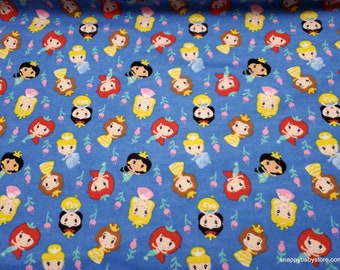 Character Flannel Fabric - Cute Princess Floral Kawaii on Blue - By the yard - 100% Cotton Flannel