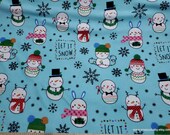 Christmas Flannel Fabric - Snowman Fun on Aqua - By the yard - 100% Cotton Flannel