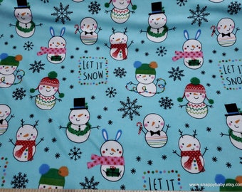 Christmas Flannel Fabric - Snowman Fun on Aqua - By the yard - 100% Cotton Flannel