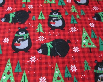 Christmas Flannel Fabric - Northwoods Bears on Plaid - By the Yard - 100% Cotton Flannel