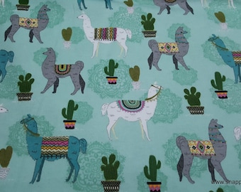 Flannel Fabric - Desert Llama on Aqua - By the yard - 100% Cotton Flannel