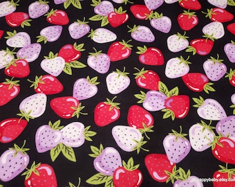 Flannel Fabric - Strawberries on Black - By the Yard - 100% Cotton Flannel