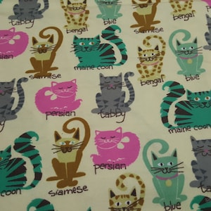 Flannel Fabric Kitty Breeds By the Yard 100% Cotton Flannel image 1