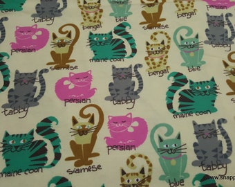 Flannel Fabric - Kitty Breeds - By the Yard - 100% Cotton Flannel