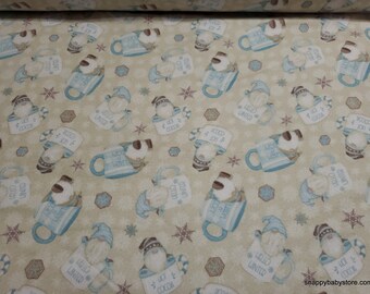 Christmas Premium Flannel Fabric - I Love Sn'Gnomies Hot Cocoa Cup Gnomes Cream Premium - By the yard - 100% Premium Cotton Flannel